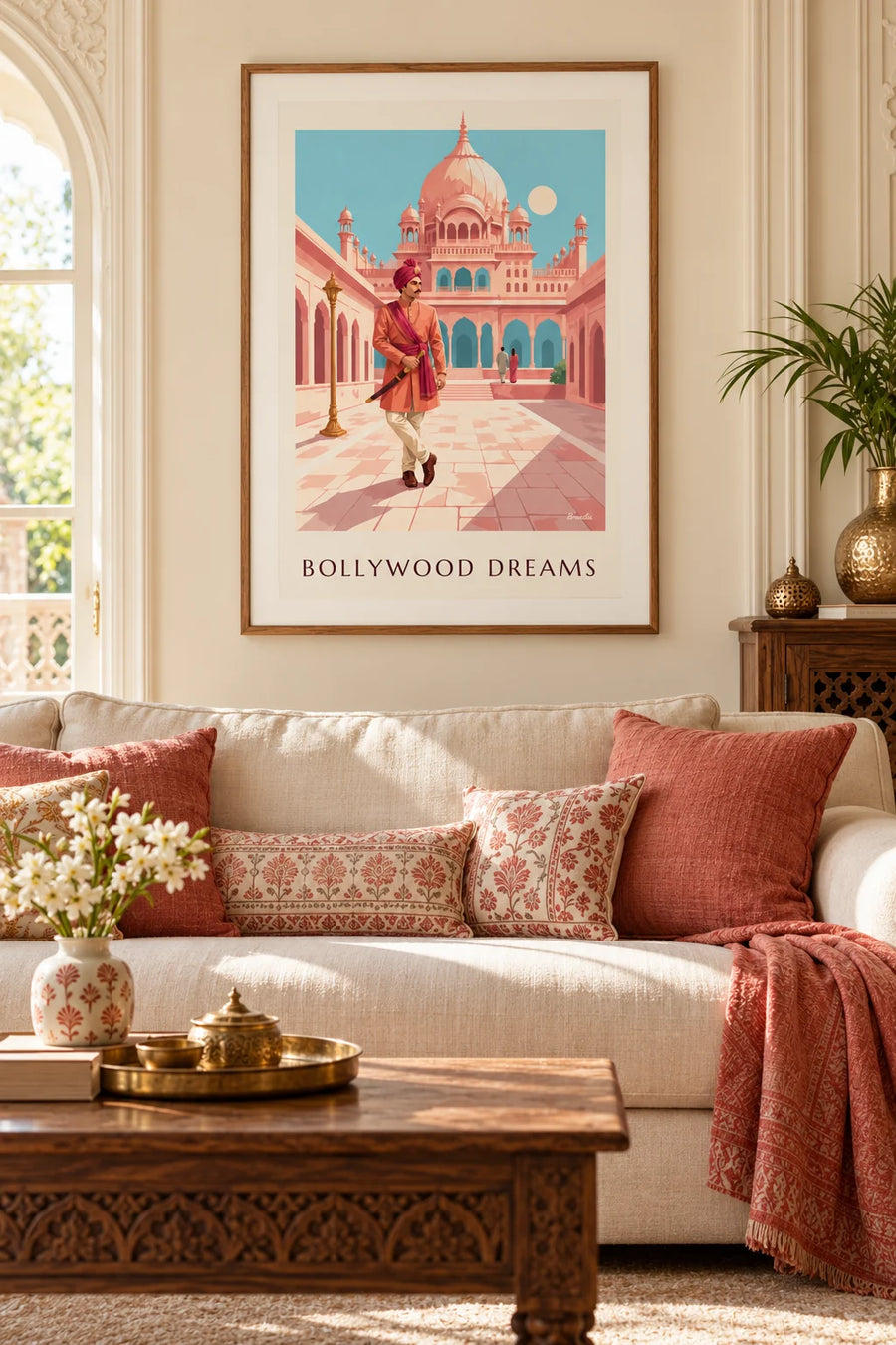 Poster Bollywood, indischer Held vor einem Palast mit Kuppeln: gerahmt an der Wand