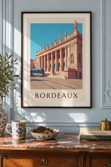 Poster Grand Théâtre und Place de la Comédie in Bordeaux: gerahmt an der Wand