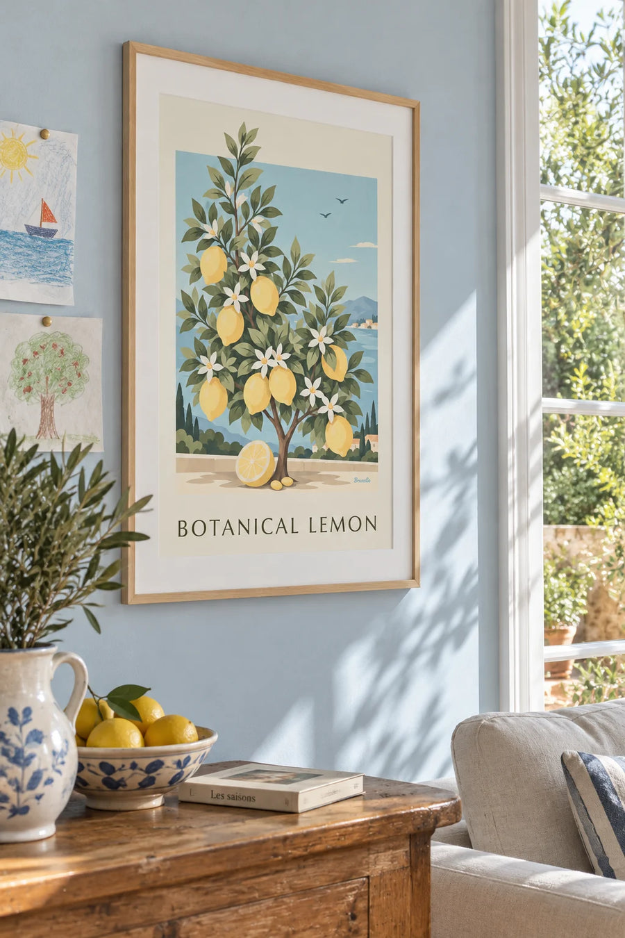 Poster of a Citrus limon lemon tree as a botanical plate: framed on a wall