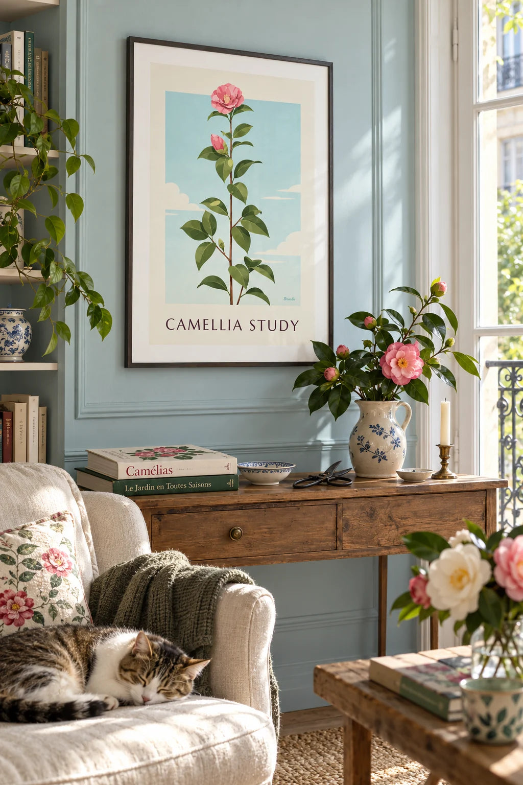 Pink camellia in bloom botanical plate poster on the wall