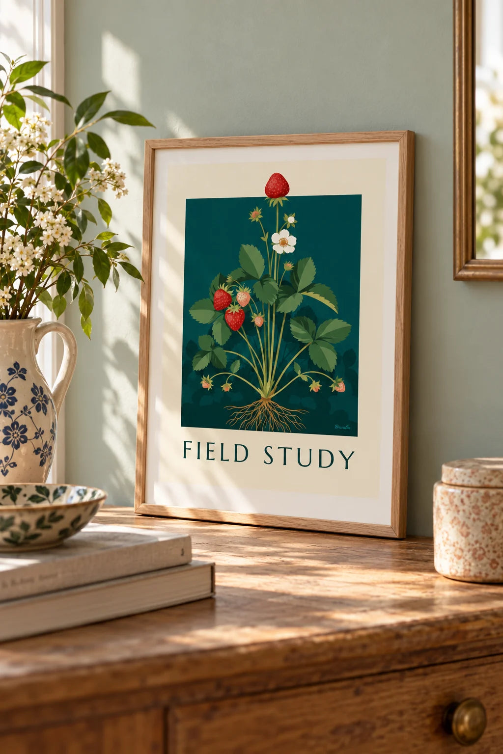 Bedroom: Strawberry plant botanical plate poster on the wall