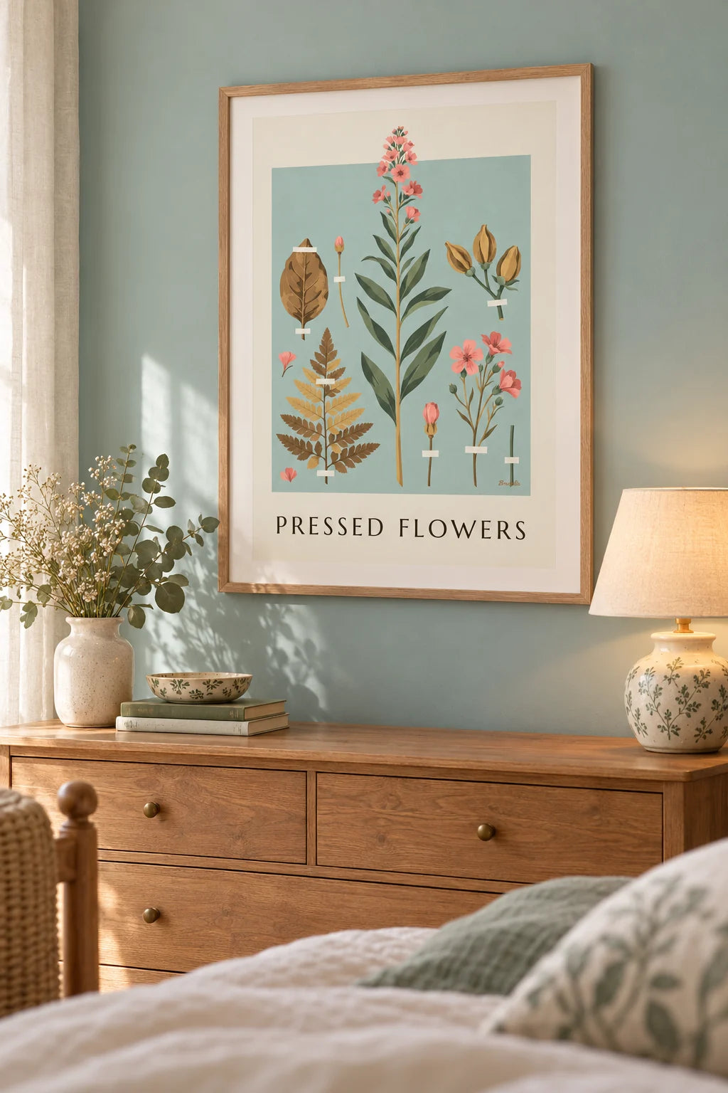 Dried plants and flowers herbarium on cream paper poster on the wall