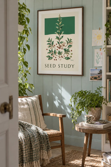 Poster of a botanical plate of leaves, stems and seeds: framed on the wall