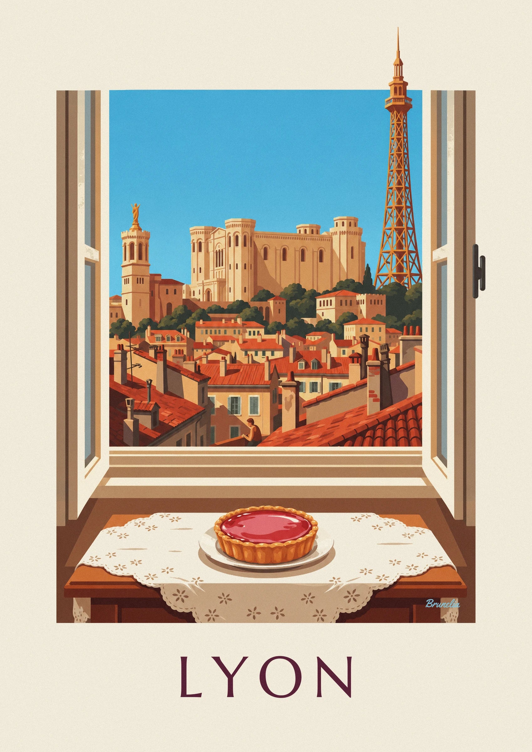 Pink praline tart at a Lyon living room window poster: close-up detail