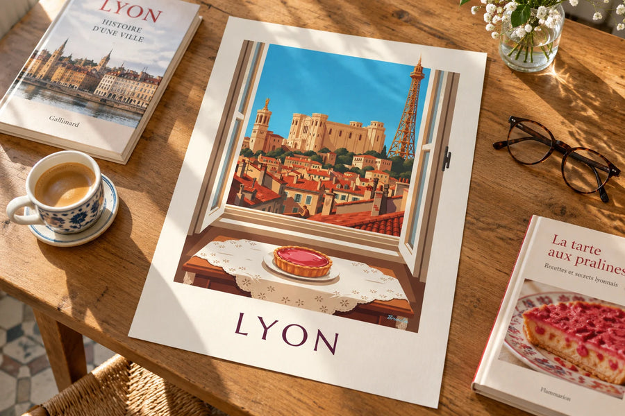 Poster Tarte aux pralines roses am Fenster eines Salons in Lyon: auf einem Tisch aufgestellt