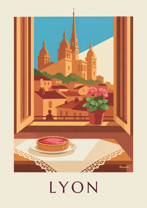Affiche tarte aux pralines roses à la fenêtre d'un salon lyonnais : l'affiche entière