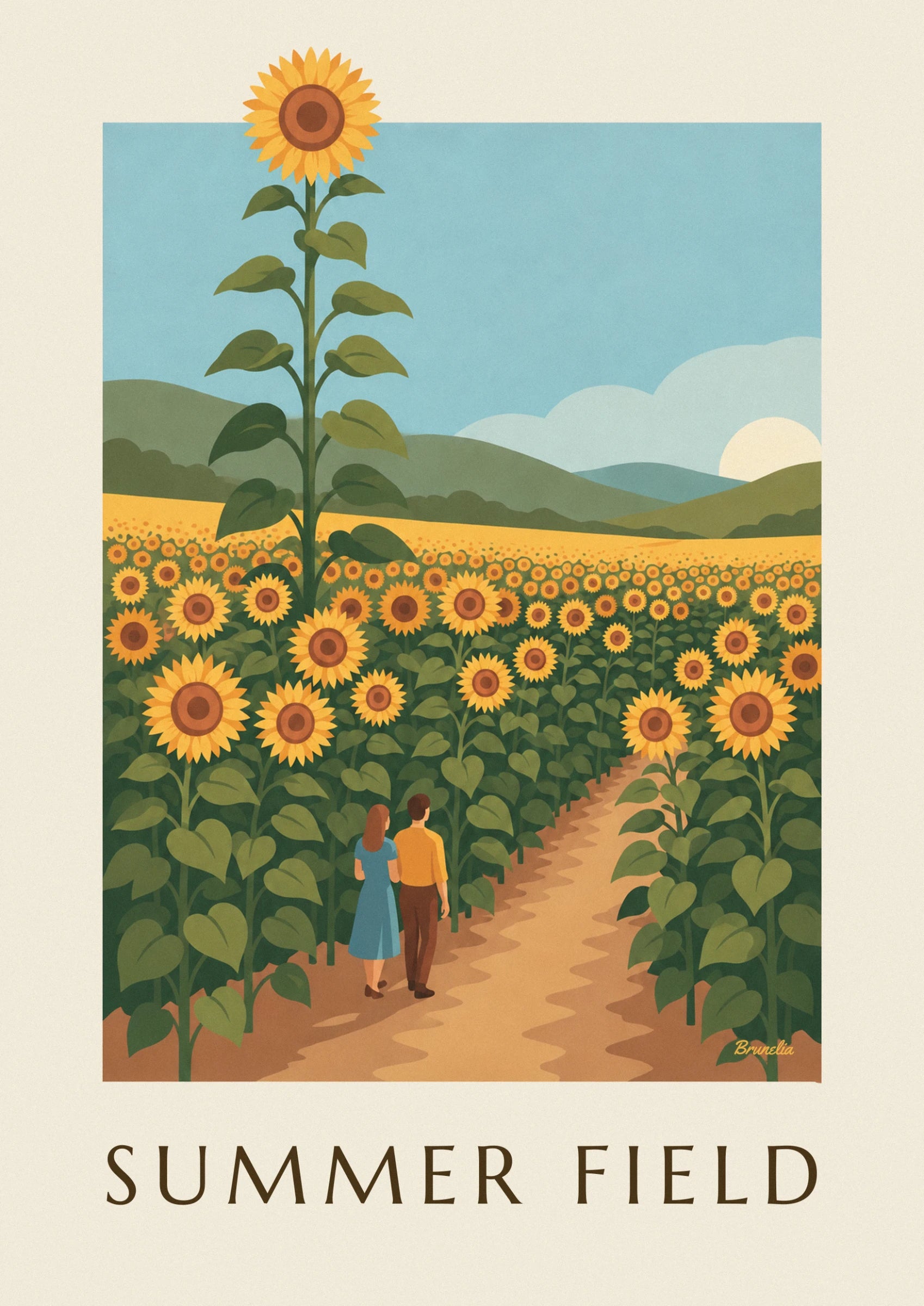 Eine große Sonnenblume auf ihrem hohen, belaubten Stängel, dem hellblauen Himmel zugewandt