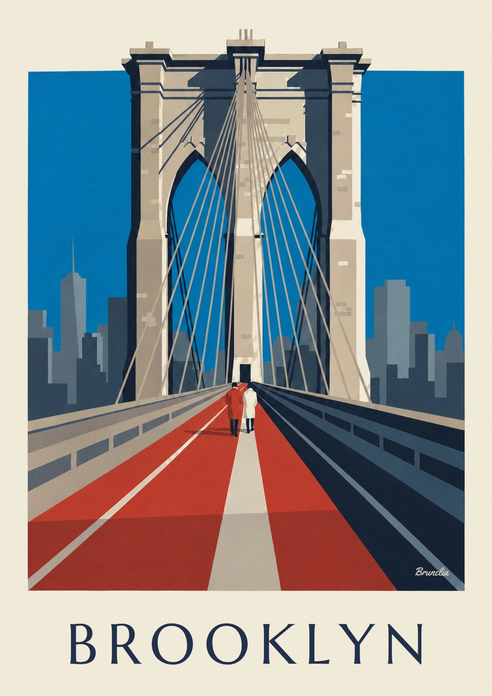 Die steinernen Bögen der Brooklyn Bridge und ihre Seile vor blauem Himmel