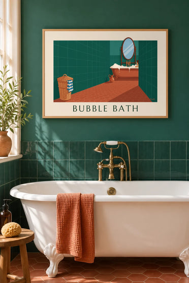 Poster grünes Badezimmer, Kupferbadewanne und Weidenkorb: gerahmt an der Wand
