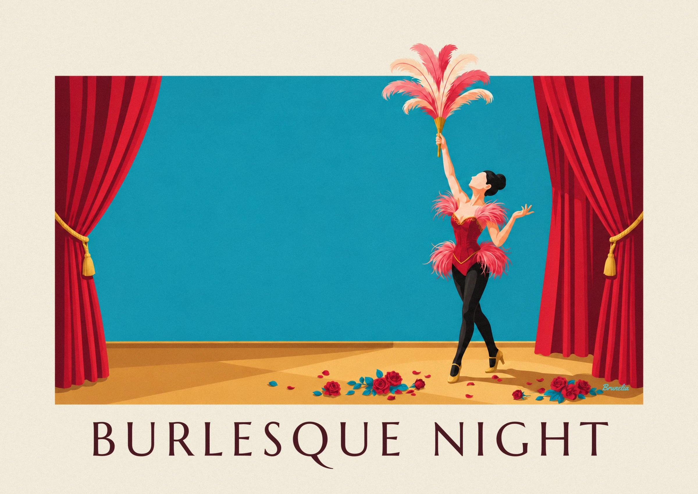 La danseuse de cabaret en corset rouge à plumes roses et bas noirs