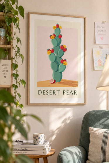 Poster botanische Tafel Opuntien-Kaktus, Blüten und Früchte: gerahmt an der Wand