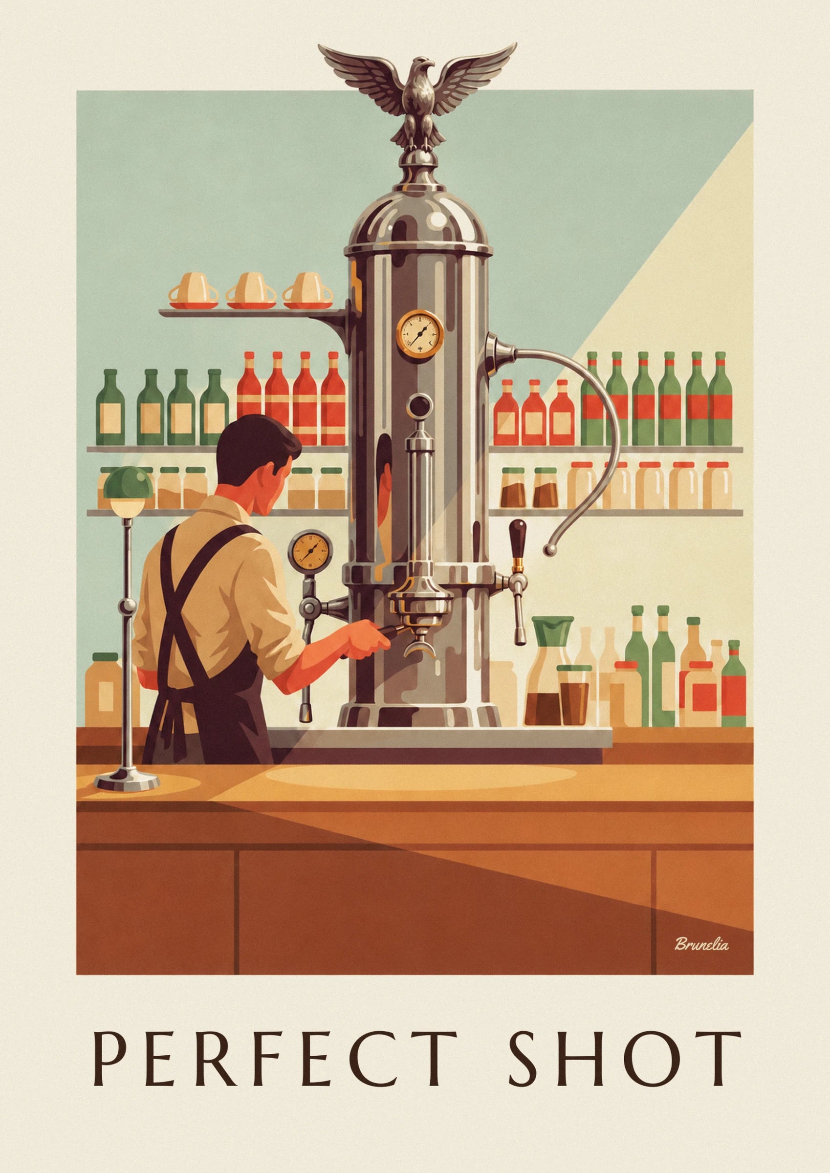 Der Barista in brauner Schürze von hinten, die Hand am Hebel der Maschine, vor dem goldenen Manometer