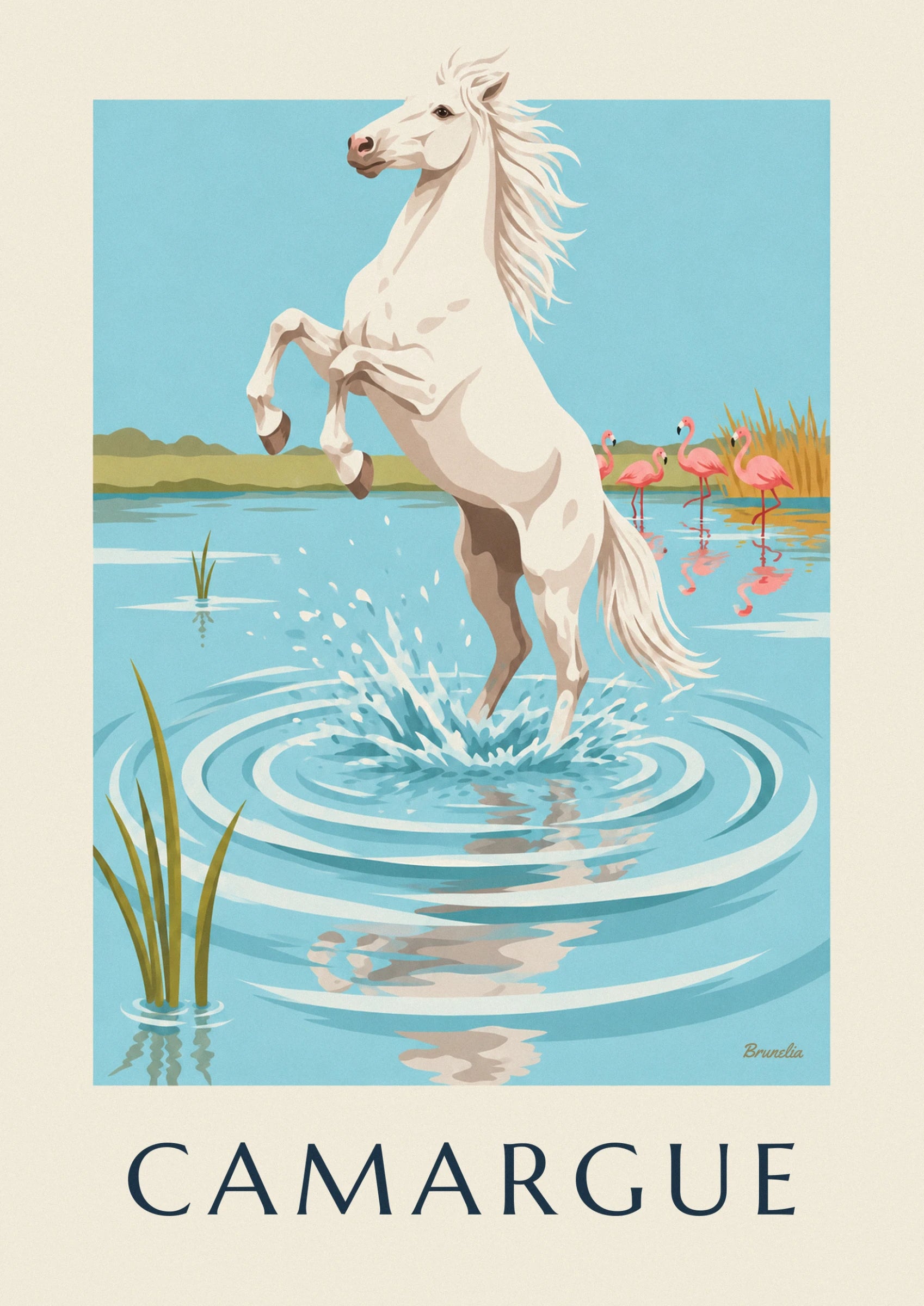 The rearing white horse with its mane blowing in the wind against a light blue sky