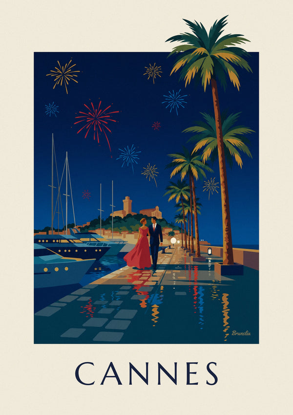 Poster Paar unter den Palmen von Cannes an einem Feuerwerksabend