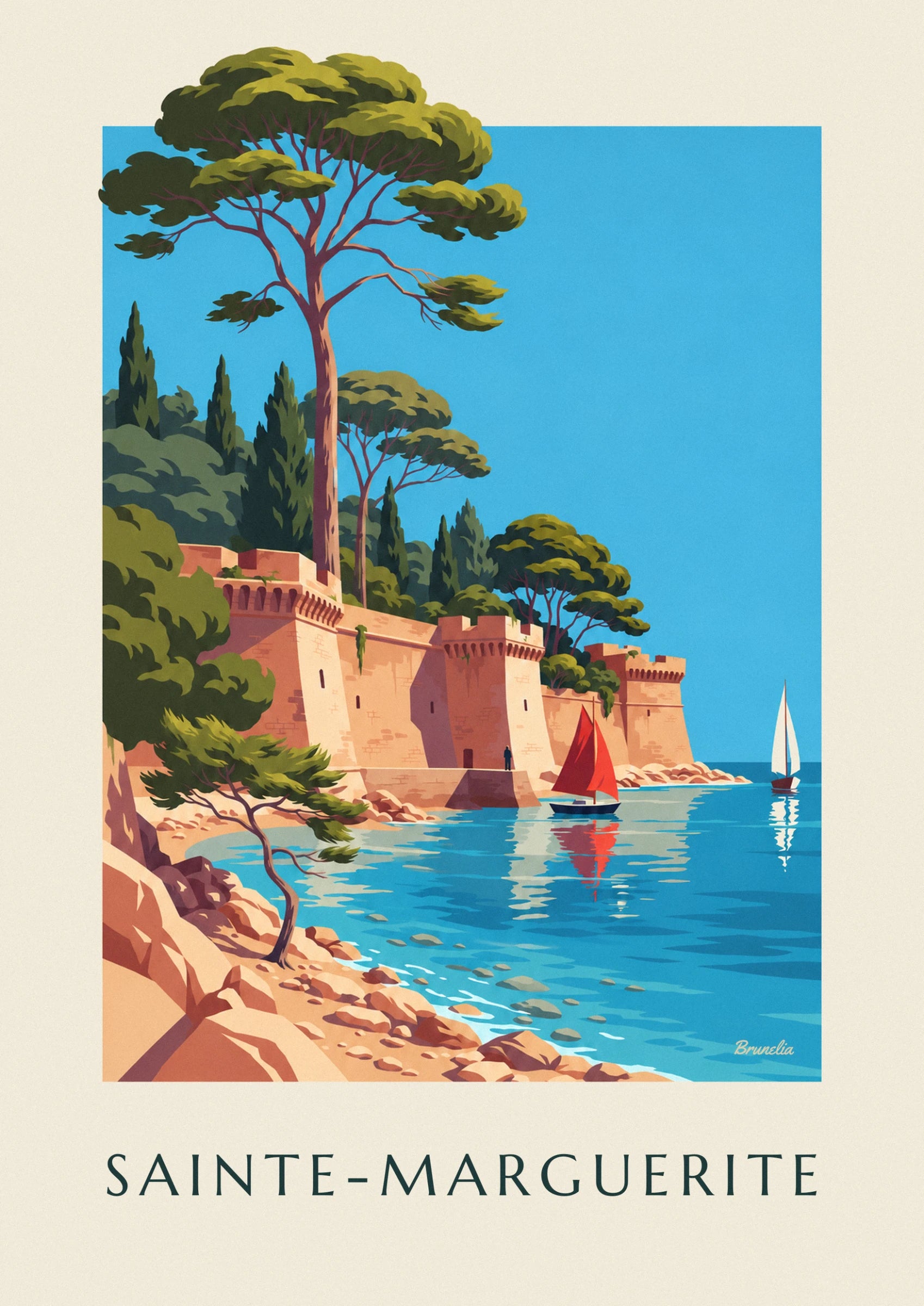 Les remparts ocre du fort royal, un personnage sur le quai et une voile rouge