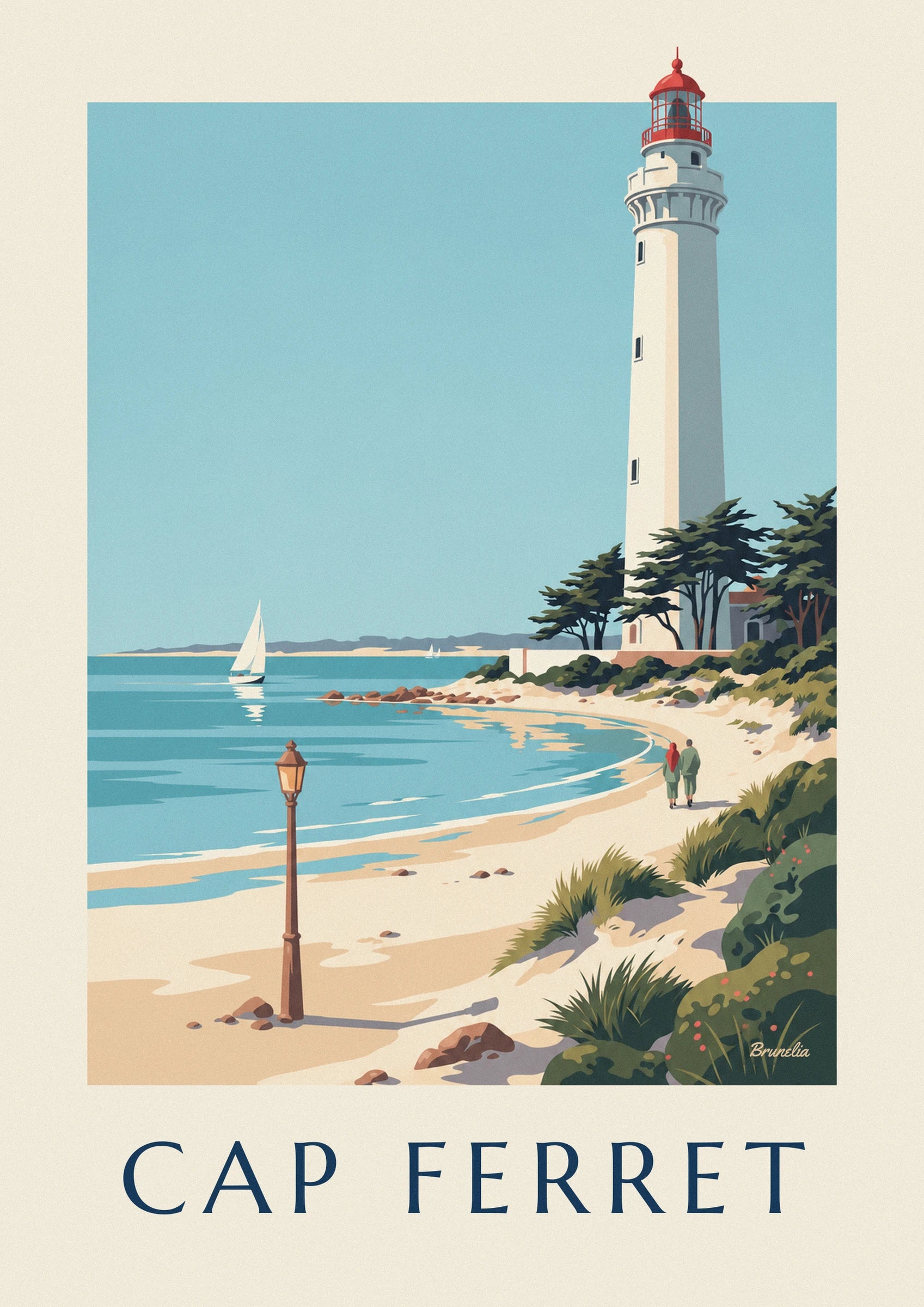 The white lighthouse at Cap Ferret and its red lantern against a blue sky