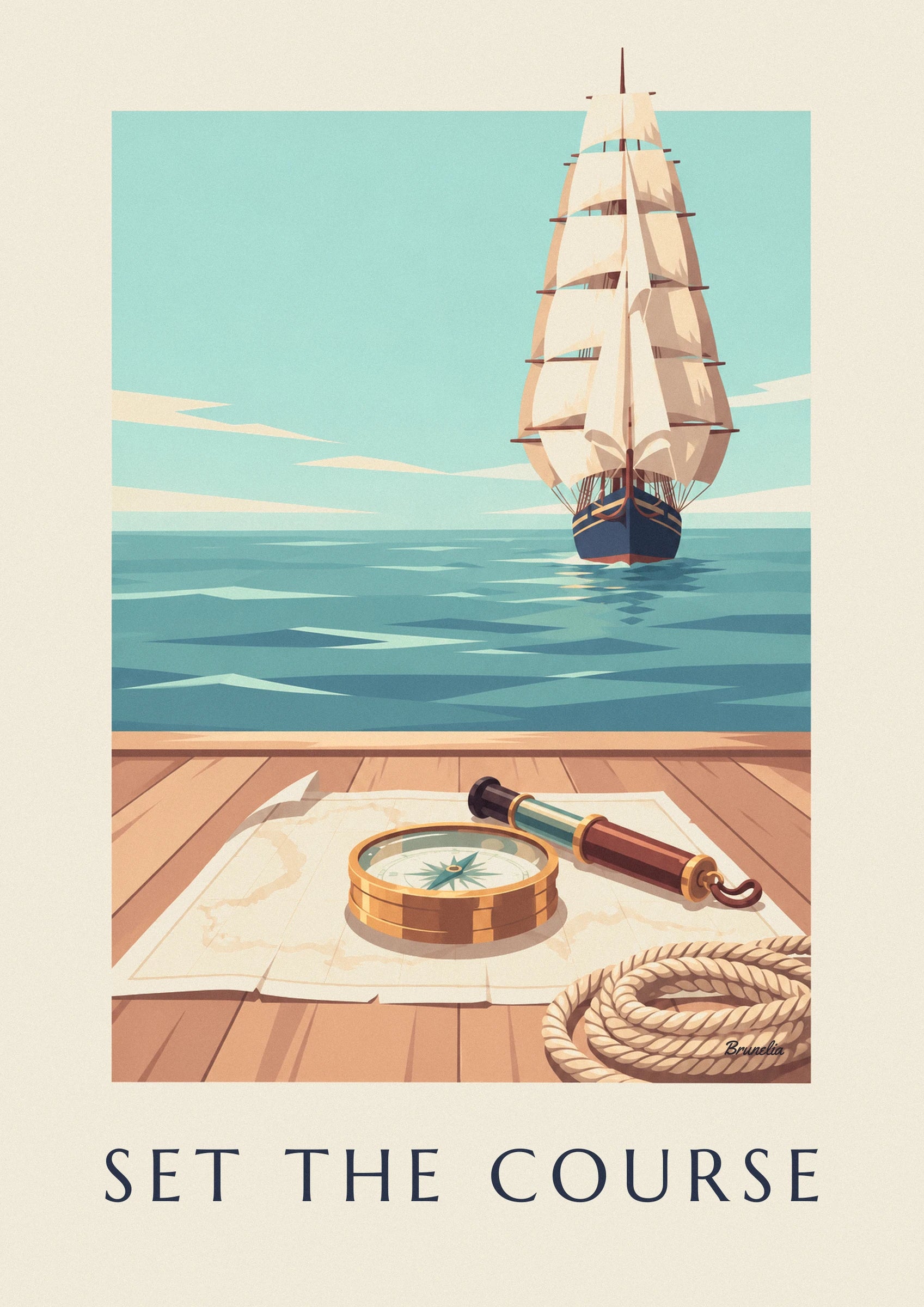 Poster nautischer Kompass aus Messing auf einer Seekarte: Detail in Nahaufnahme