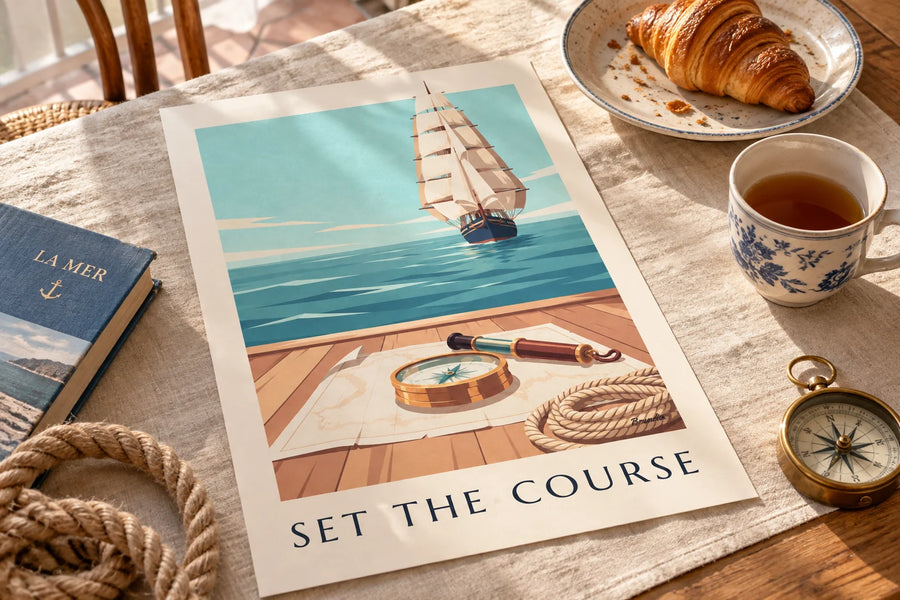 Poster nautischer Kompass aus Messing auf einer Seekarte: auf einem Tisch aufgestellt