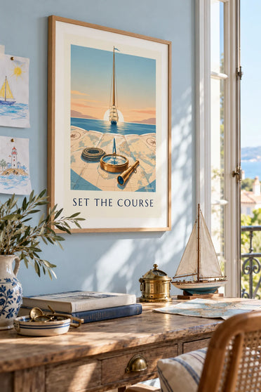 Affiche compas nautique en laiton sur une carte marine : encadrée au mur