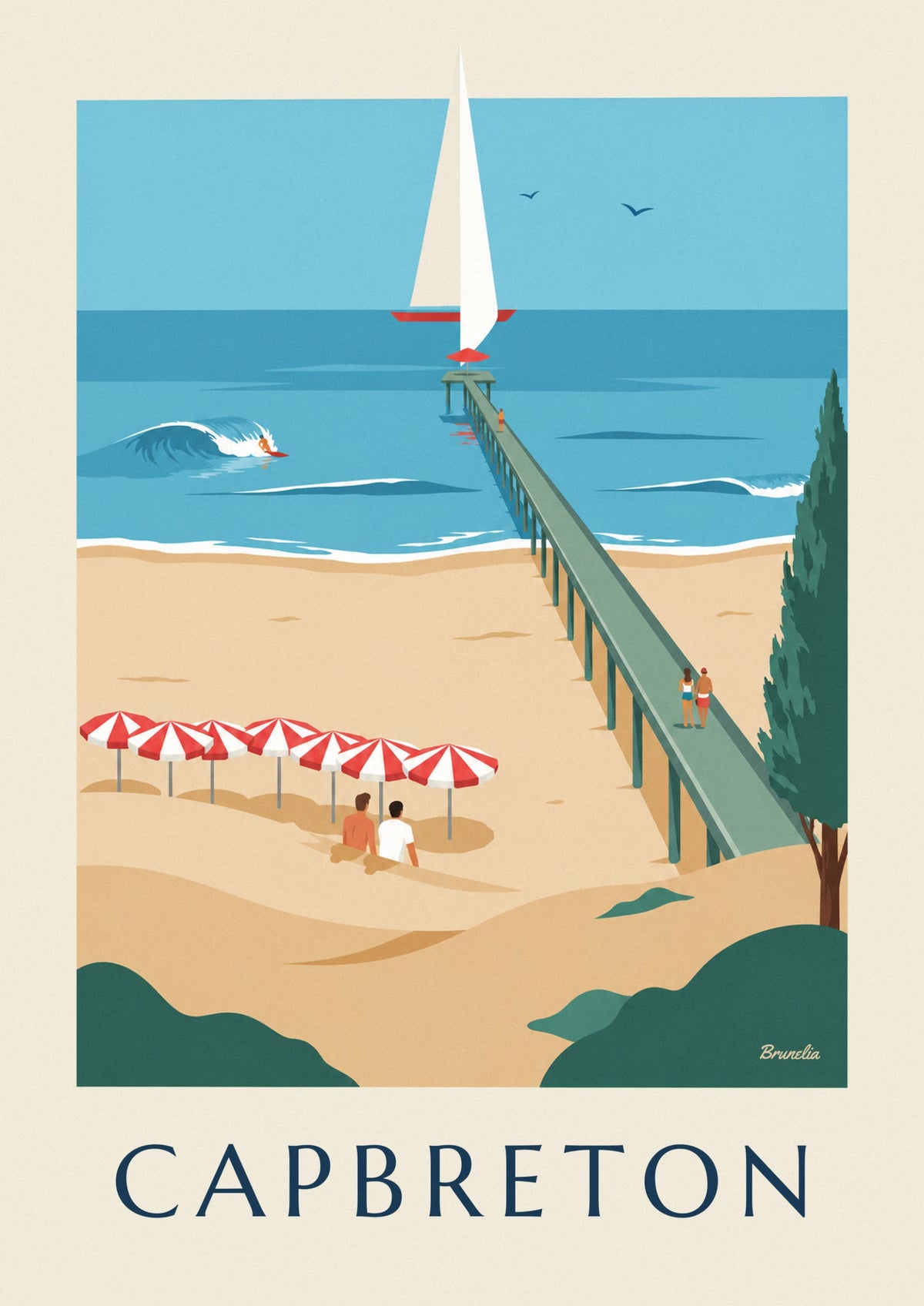 Capbreton striped parasols, pier and sailboats poster