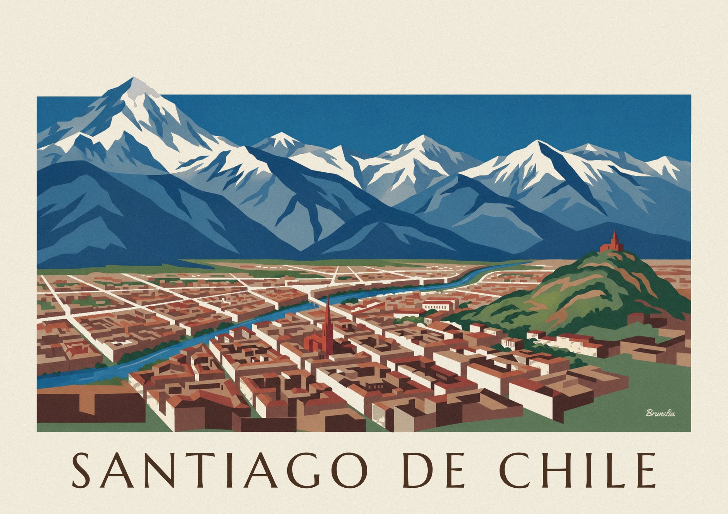 Poster illustrierte Karte von Santiago de Chile und den Anden: Detail in Nahaufnahme