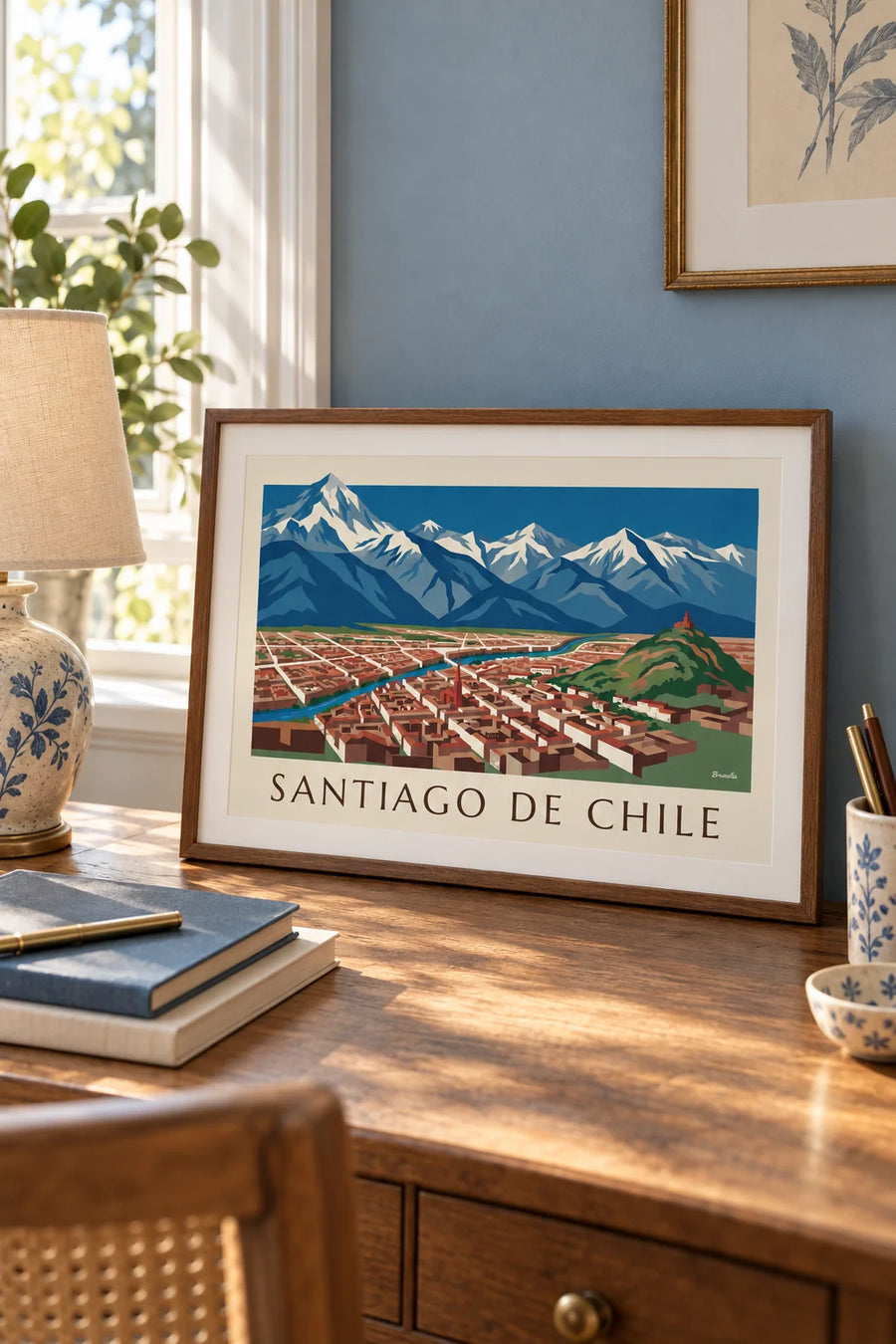Poster illustrierte Karte von Santiago de Chile und den Anden: im Format A4 gerahmt