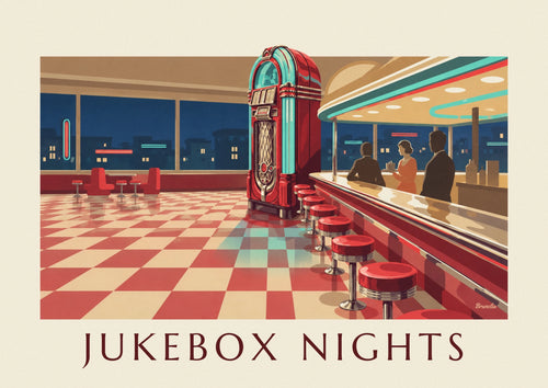Poster of a glowing jukebox in an American diner: the full poster