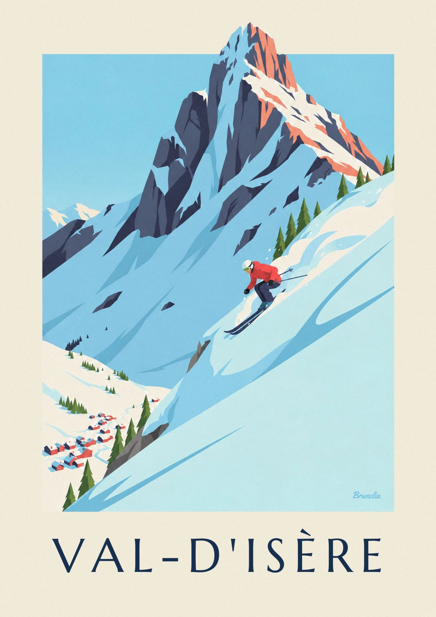 The skier in a red jacket and white helmet heading down the powdery slope, near the fir trees