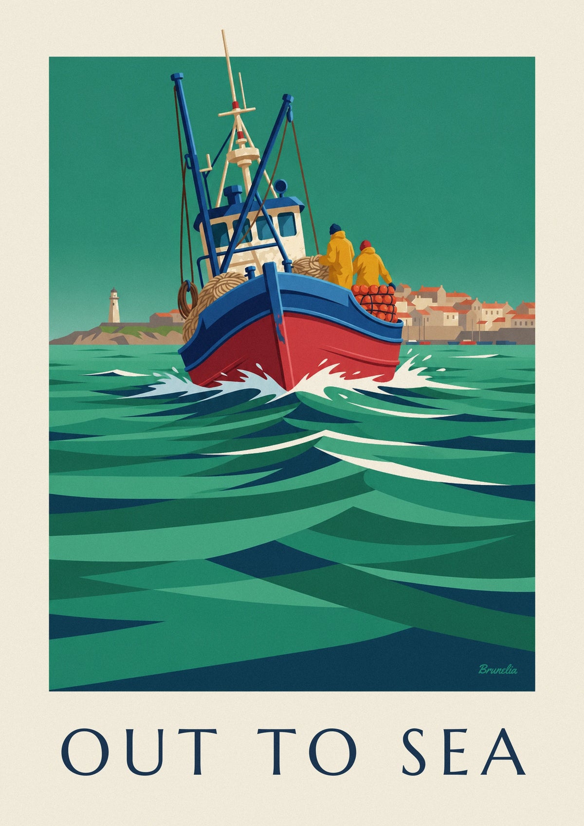 Affiche chalutier bleu et rouge prenant le large dans la houle