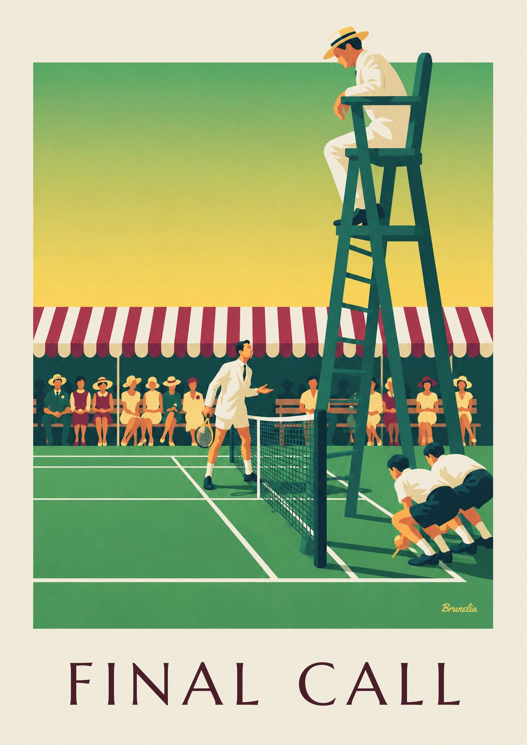 Poster Schiedsrichter auf dem Hochstuhl am Rand des Rasen-Tennisplatzes: Detail in Nahaufnahme