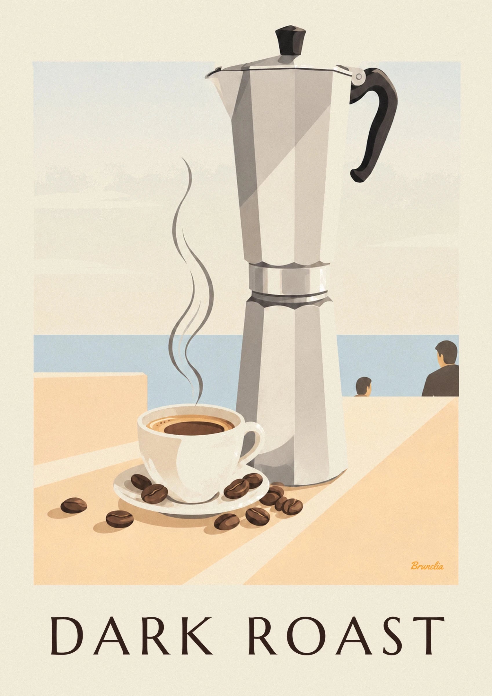 Eine weiße Tasse dampfender Espresso auf ihrer Untertasse, umgeben von Kaffeebohnen