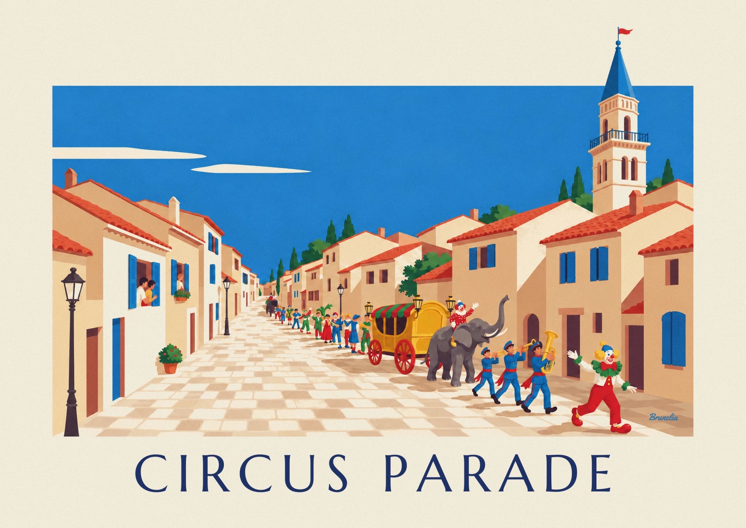 The colourful parade in the village street, between the houses and black street lamps