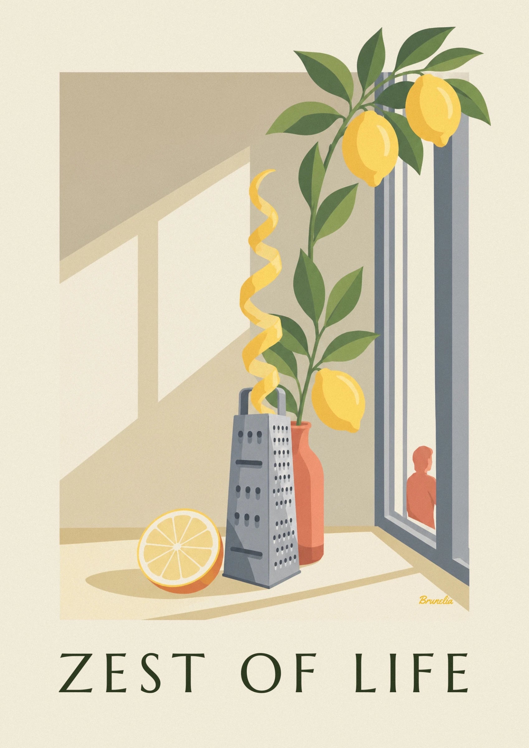 The lemon half and grey grater beside an orange vase