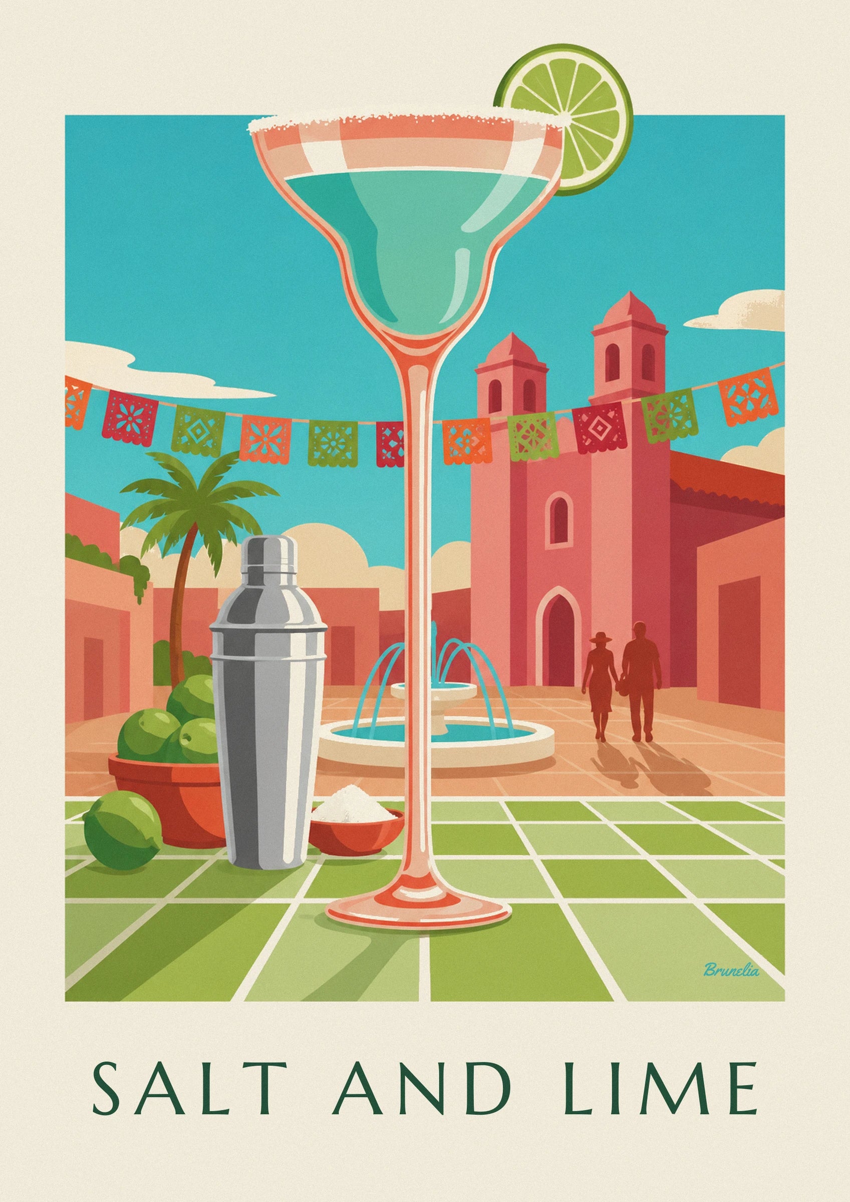 The margarita glass with a long orange stem in front of the cantina’s colourful bunting