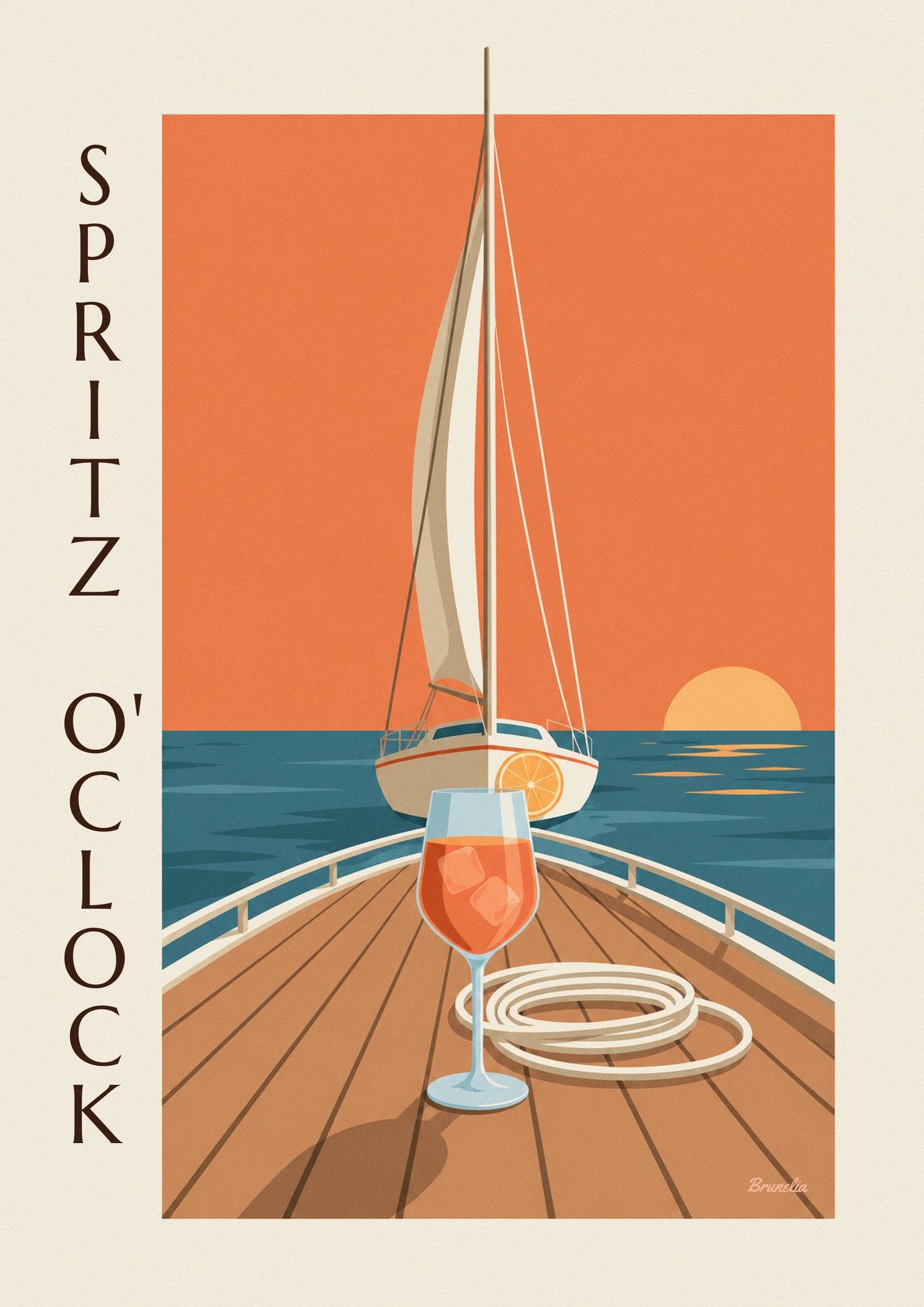 Poster Spritz auf dem Deck eines Segelboots bei Sonnenuntergang: Detail in Nahaufnahme