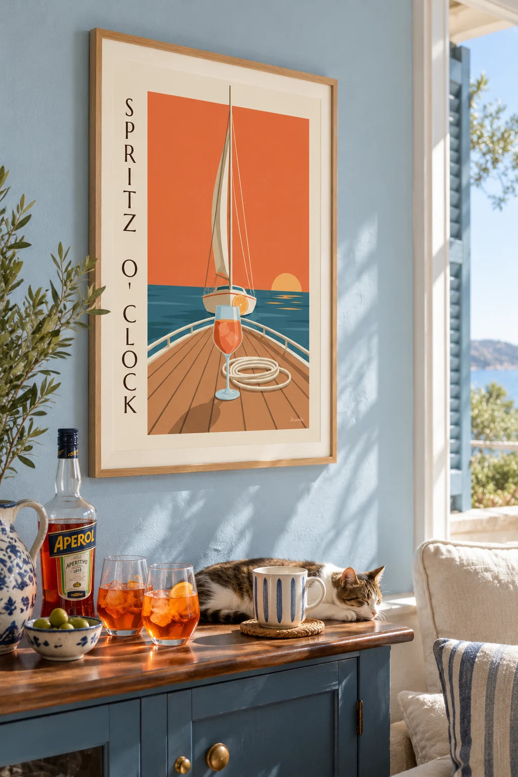 Mise en situation de Affiche spritz sur le pont d'un voilier au coucher du soleil
