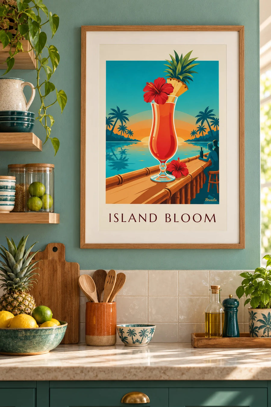 Poster tropischer Cocktail mit Hibiskus an einer Strandbar : gerahmt an der Wand