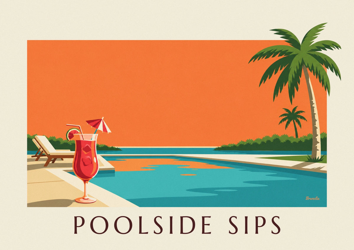 Strawberry daiquiri by the pool at dusk poster