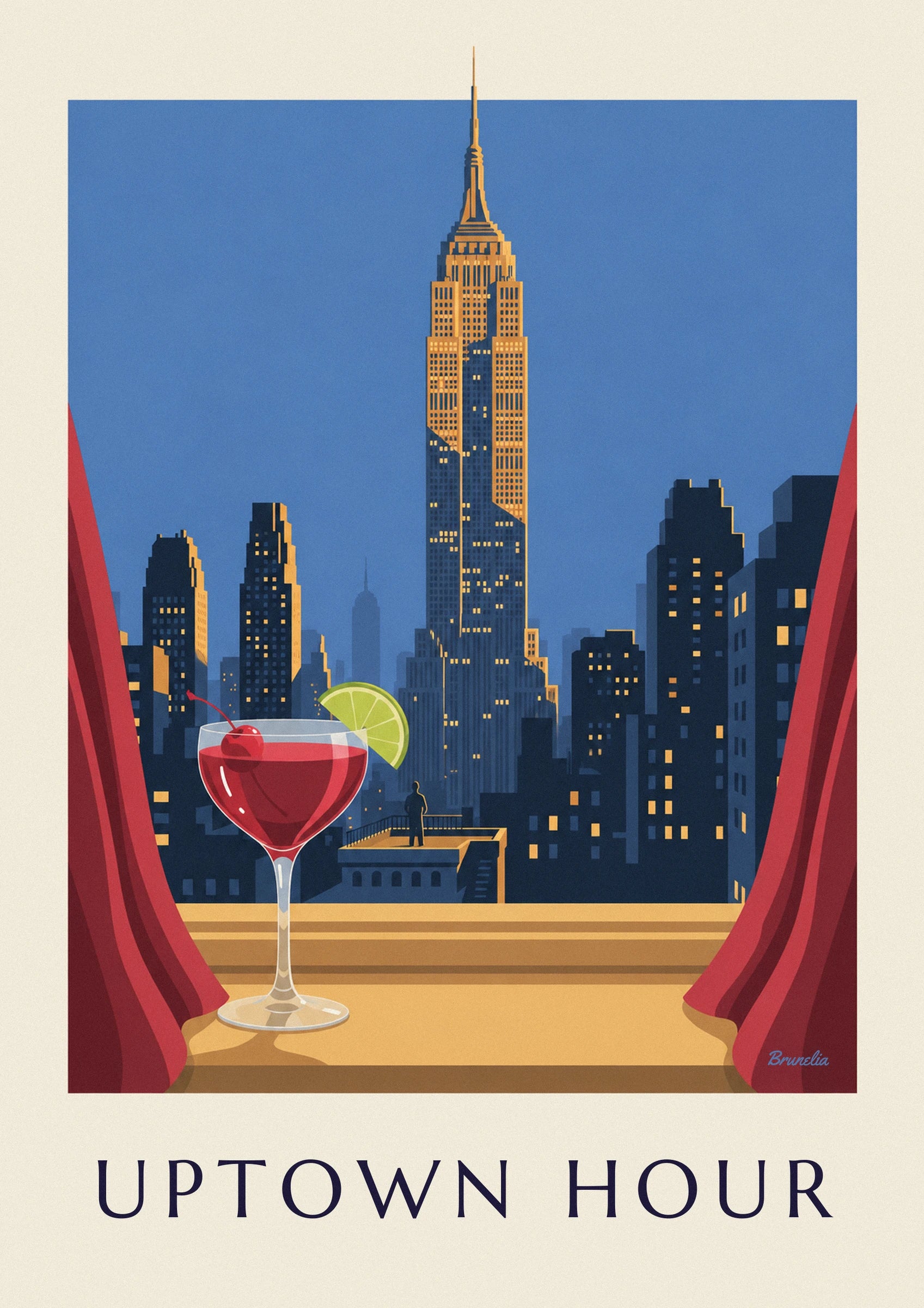 Ein roter Cocktail mit Kirsche, einer Limettenscheibe und einem roten Vorhang auf der Terrasse
