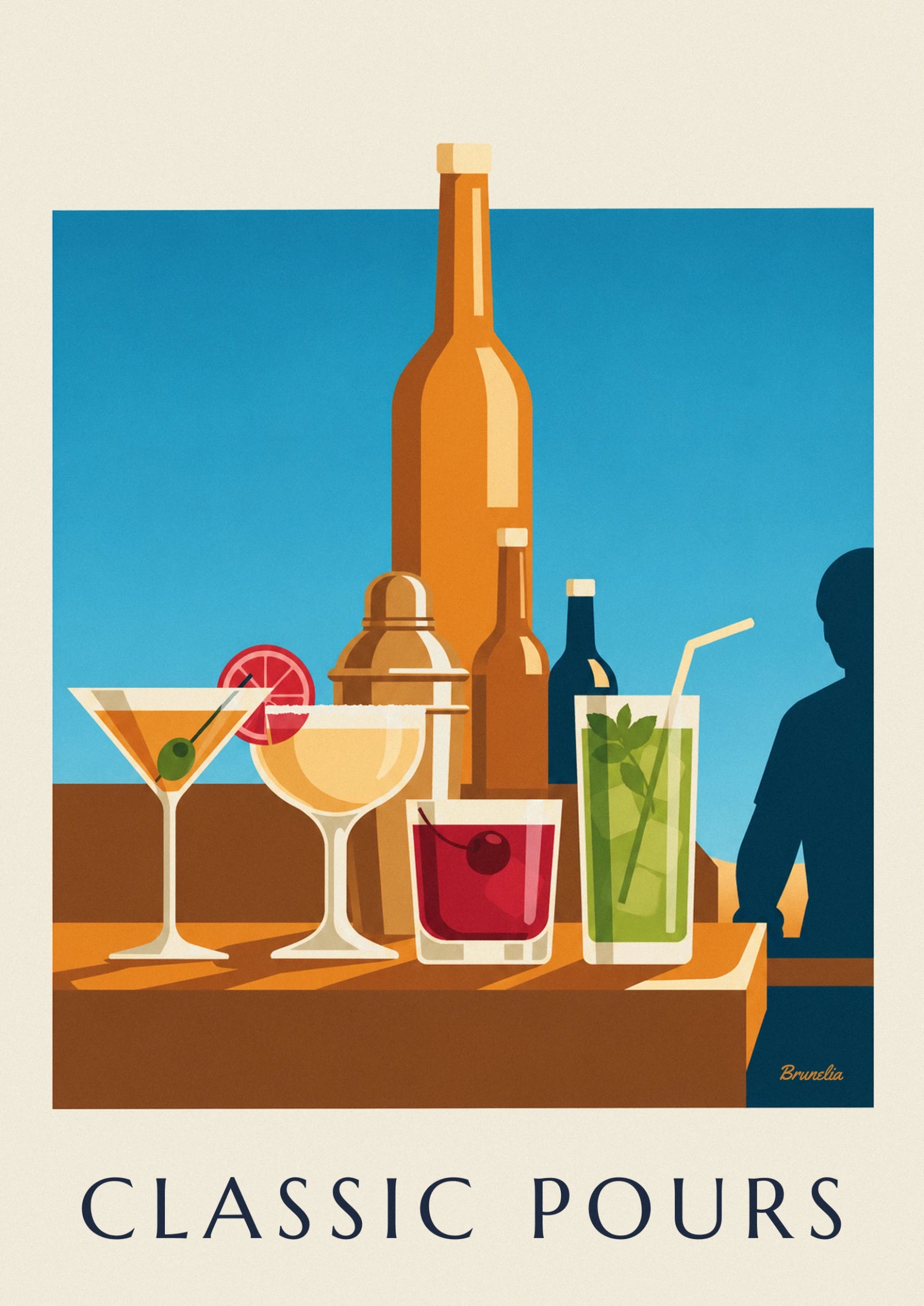 A red drink with a cherry and a mint mojito, in front of the bottles at the bar