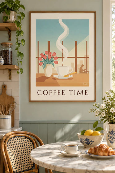Affiche tasse de café fumante et fleurs près de la fenêtre : encadrée au mur