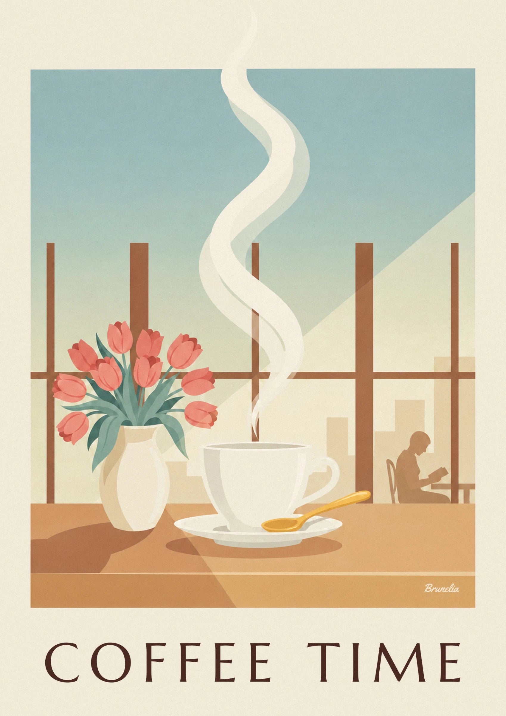 A steaming white cup on its saucer, with a golden spoon