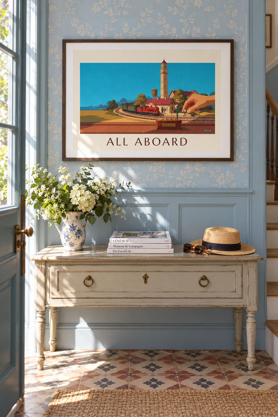 Poster Modelleisenbahn und ihr Modellbahnhof: gerahmt an der Wand