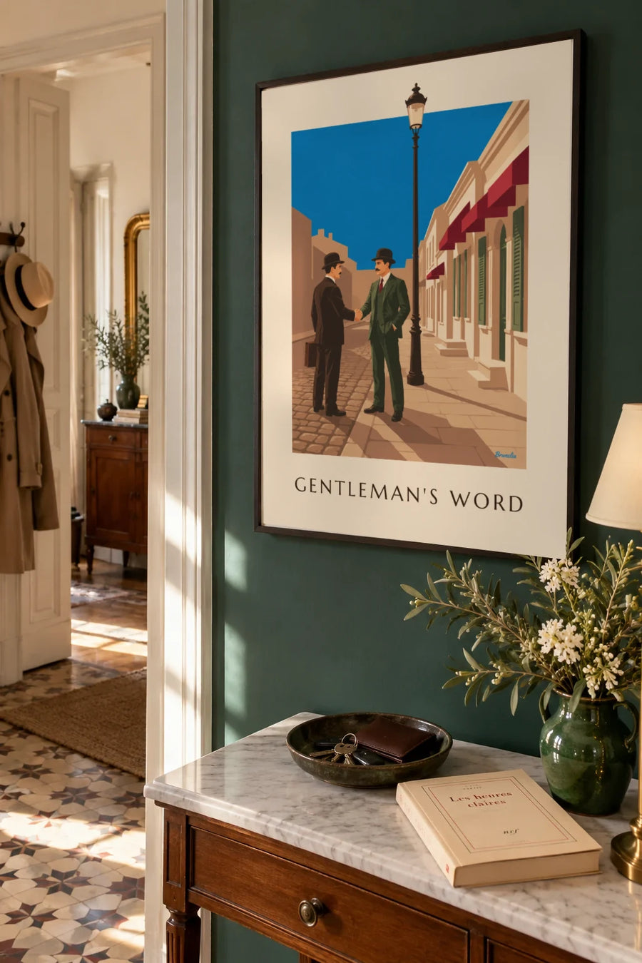 Poster Mann mit Schnurrbart, Bowlerhut und Schild: gerahmt an der Wand