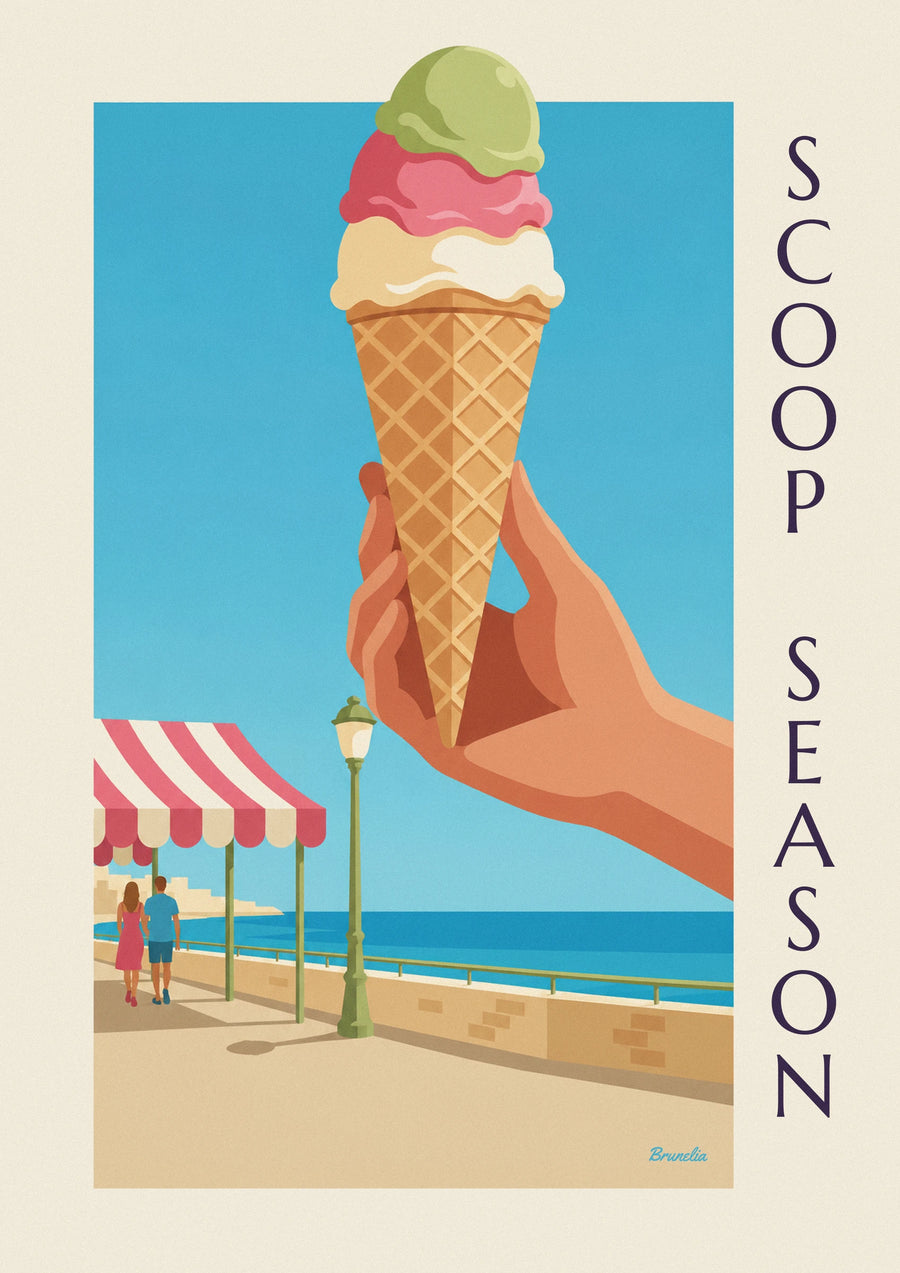 3-scoop ice cream cone by the sea poster