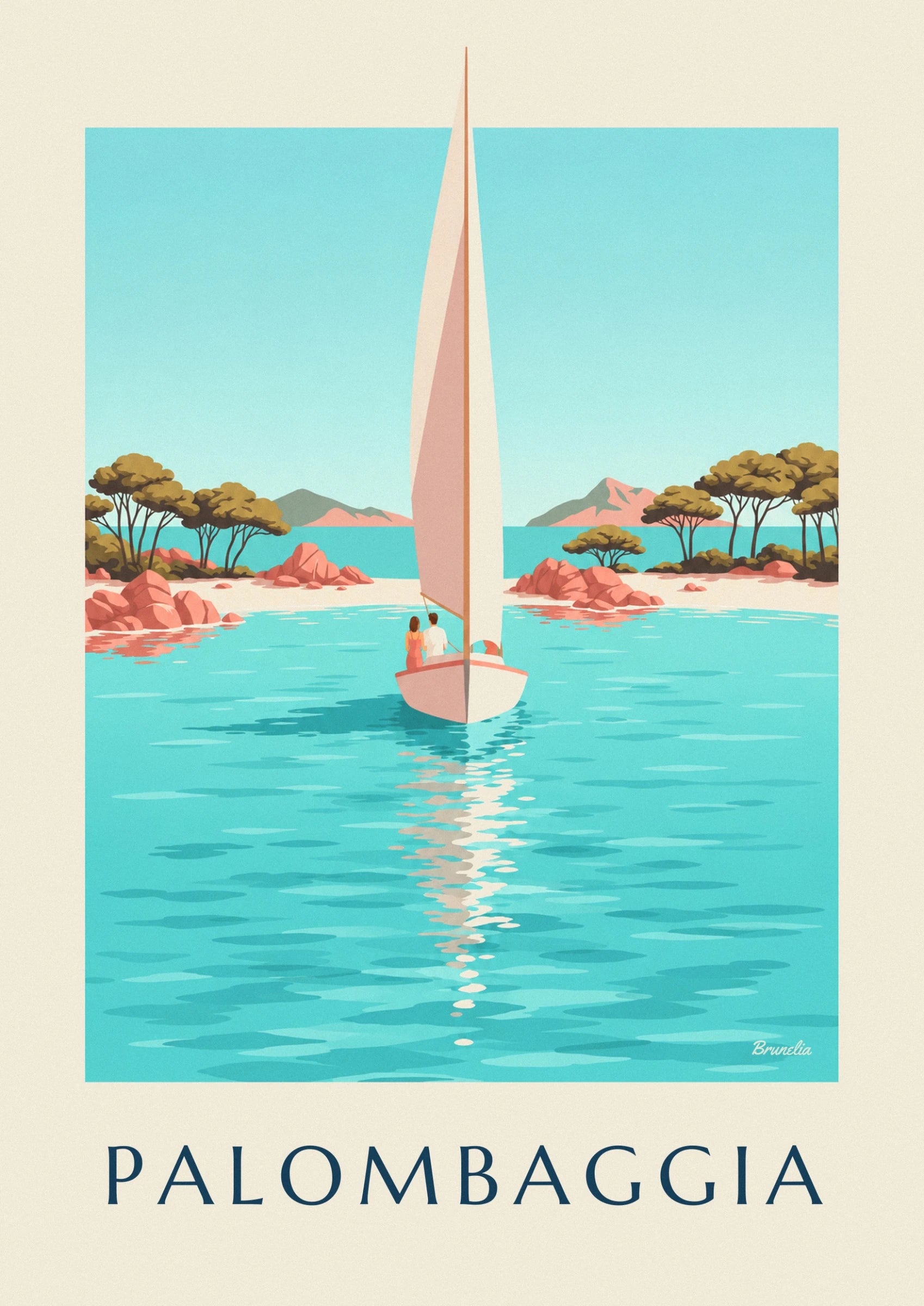 Ein Paar an Bord eines Segelboots mit cremefarbenen und rosa Segeln auf türkisfarbenem Wasser