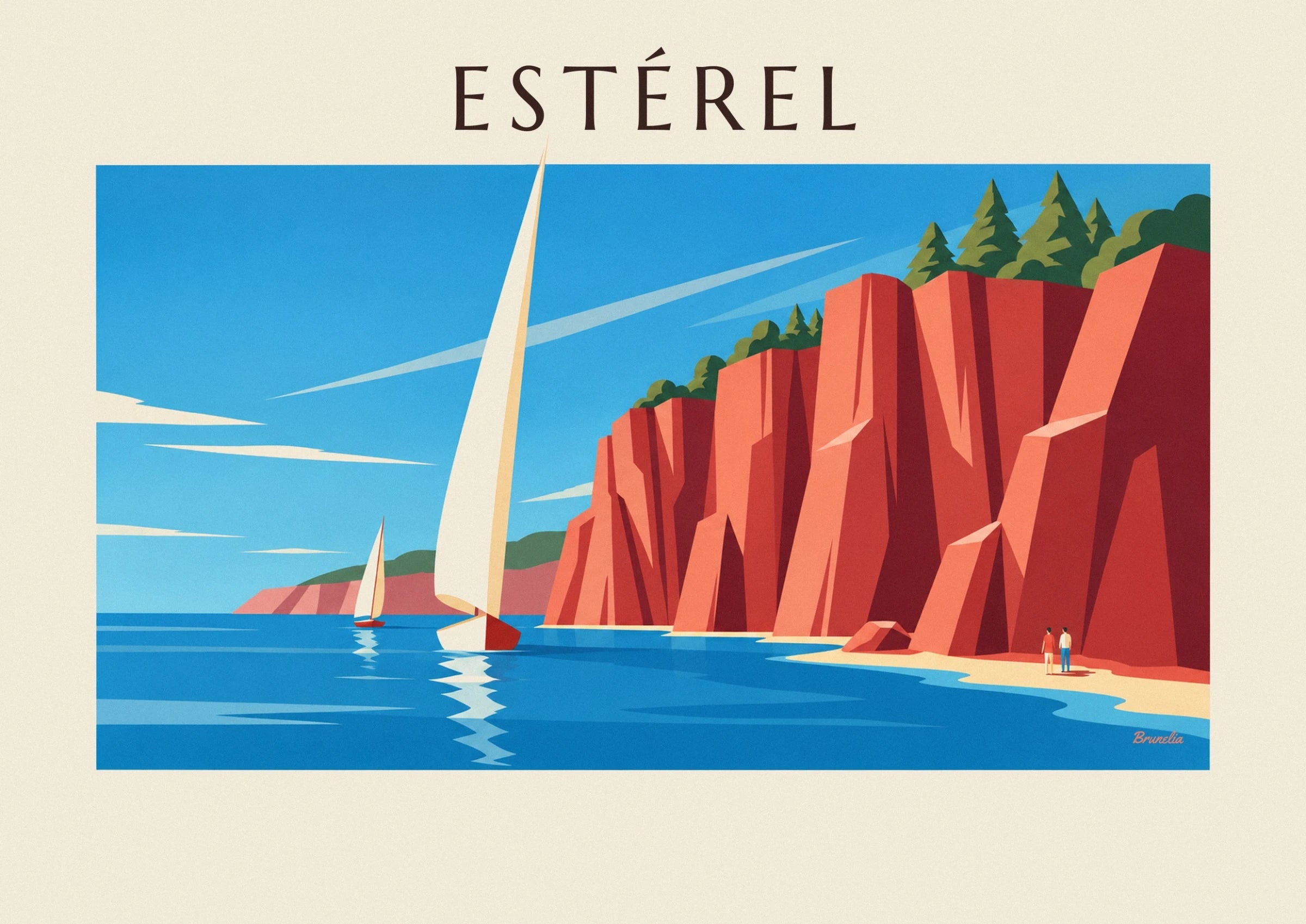 Sailing boats with cream sails on the blue sea, in front of the red rocks of l’Estérel