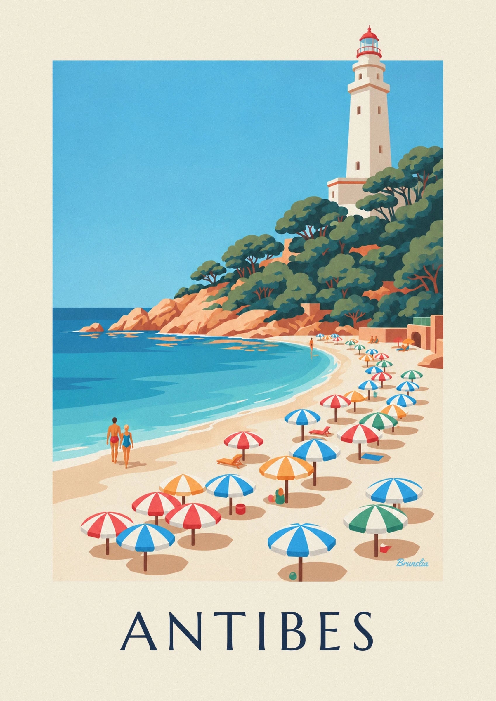 Les parasols bleus, rouges et orange sur le sable, avec une chaise longue rouge