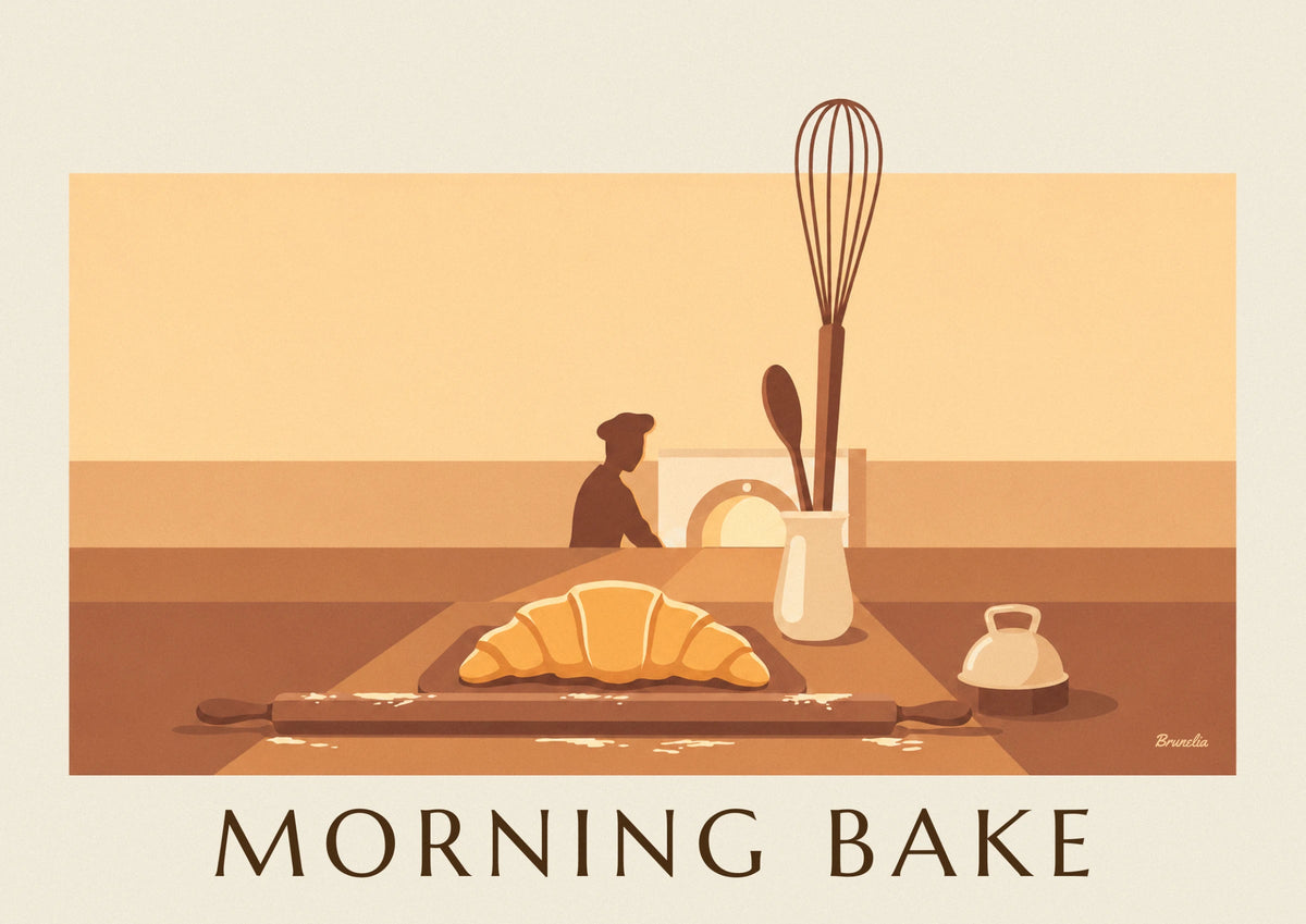 Croissant and pastry tools in front of the oven poster