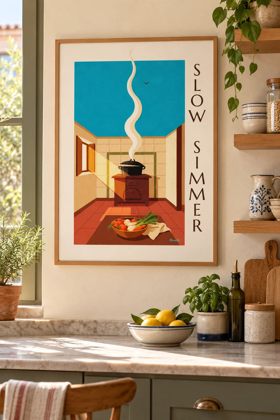 Affiche pot-au-feu fumant dans sa marmite en fonte : encadrée au mur